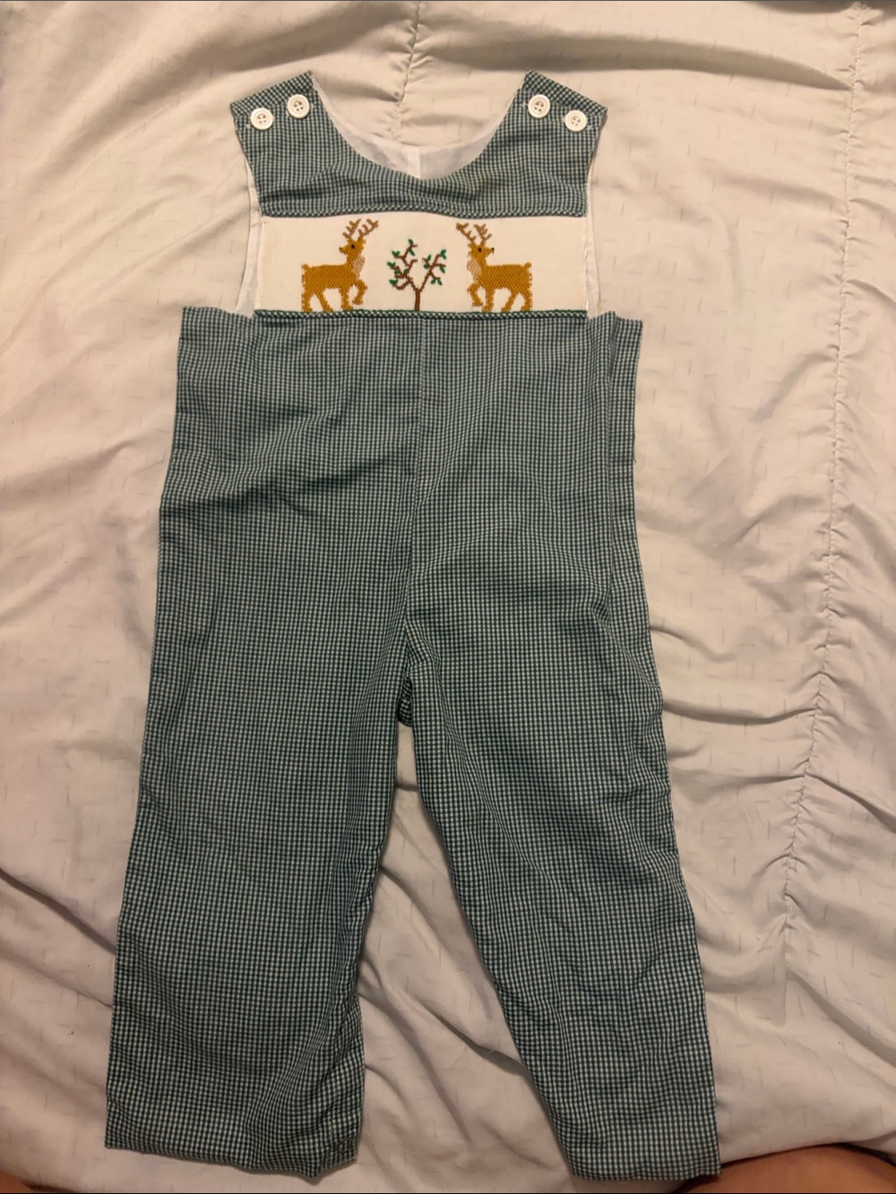 Green Gingham Smocked Deer Overalls - Kids